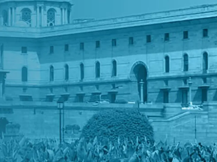 The colonnaded facade of a government secretariat building in New Delhi