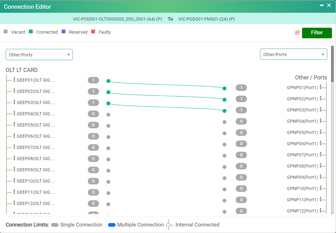 NetworkAccess Connection Editor mapping OLT card ports to network ports with vacant, connected, reserved and faulty status