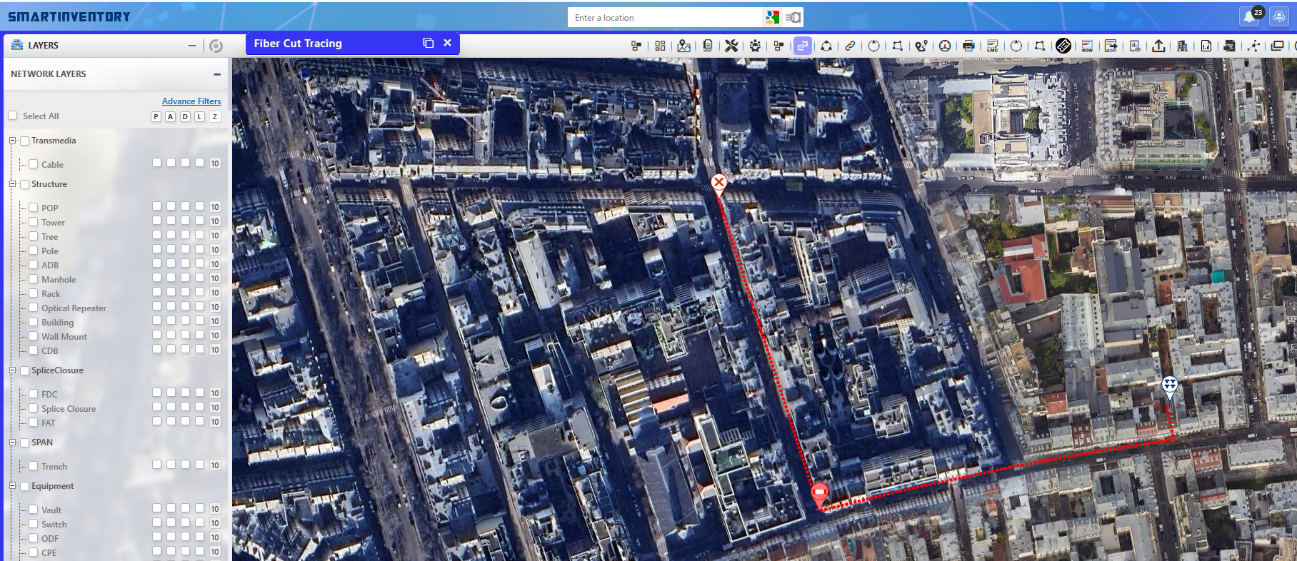 SmartInventory Fiber Cut Tracing: a cut point on the route and the traced downstream span highlighted over satellite imagery of a dense urban area