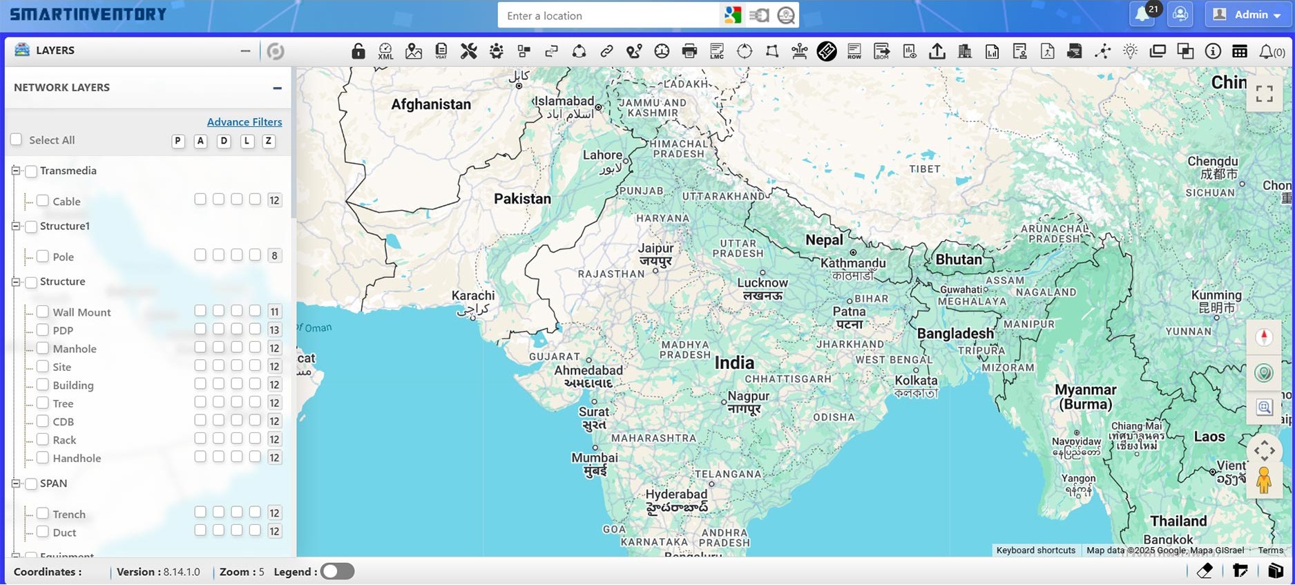 SmartInventory opened at national extent, with the network-layers panel listing cable, pole, manhole, trench and duct layers