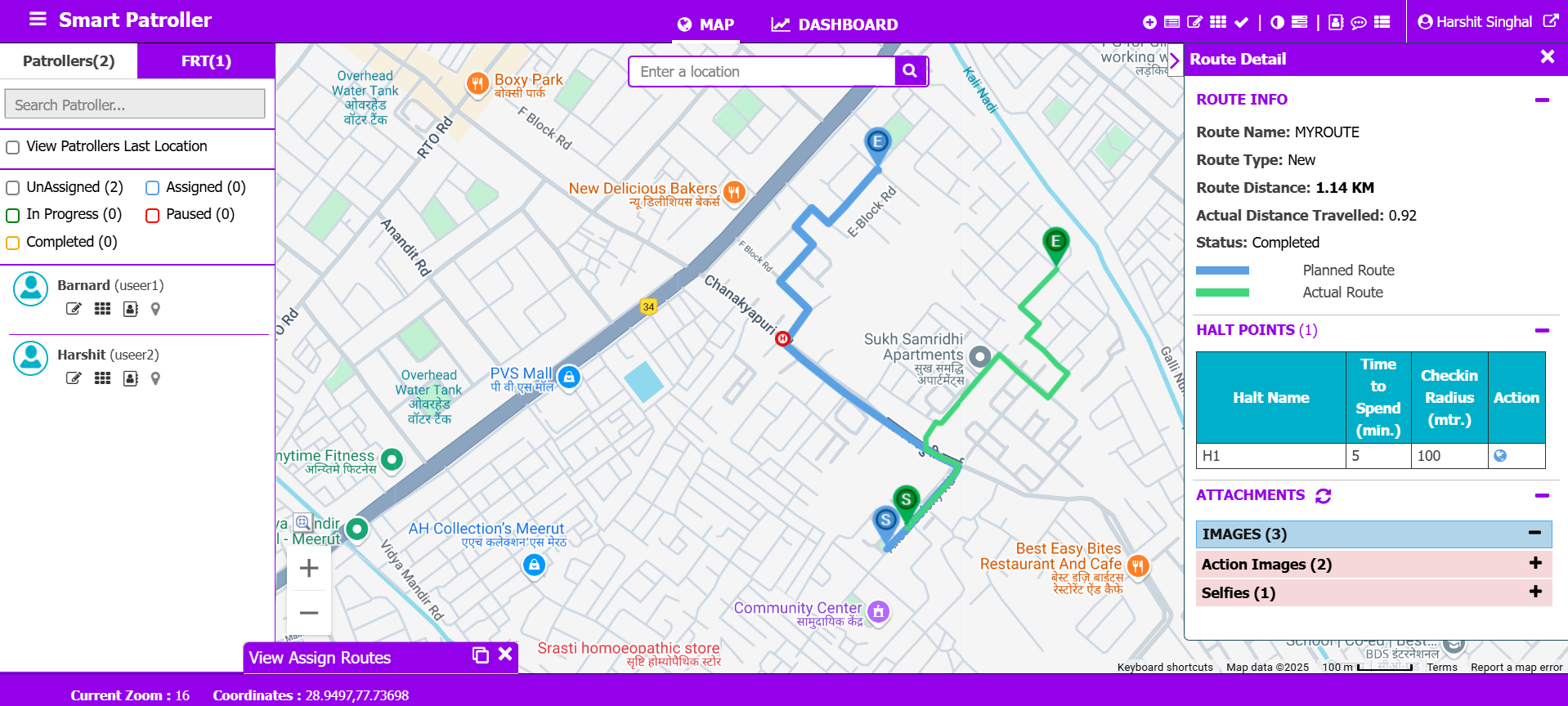 Smart Patroller view showing a planned versus actual field-patrol route with halt points on a Google basemap