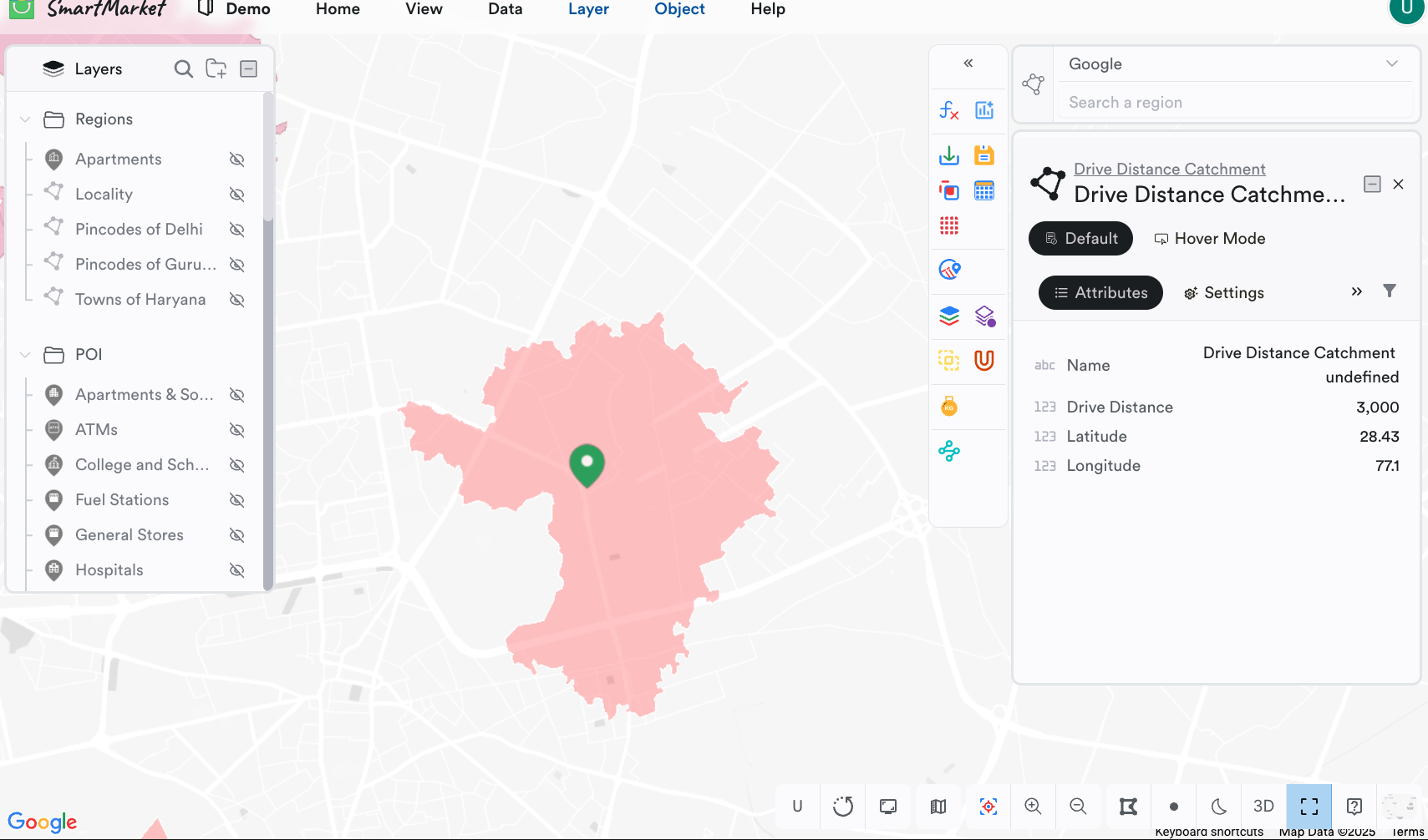 SmartMarket showing a drive-distance catchment polygon around a location near Gurugram, with a layer tree of regions and place categories on the left and the catchment attributes panel on the right