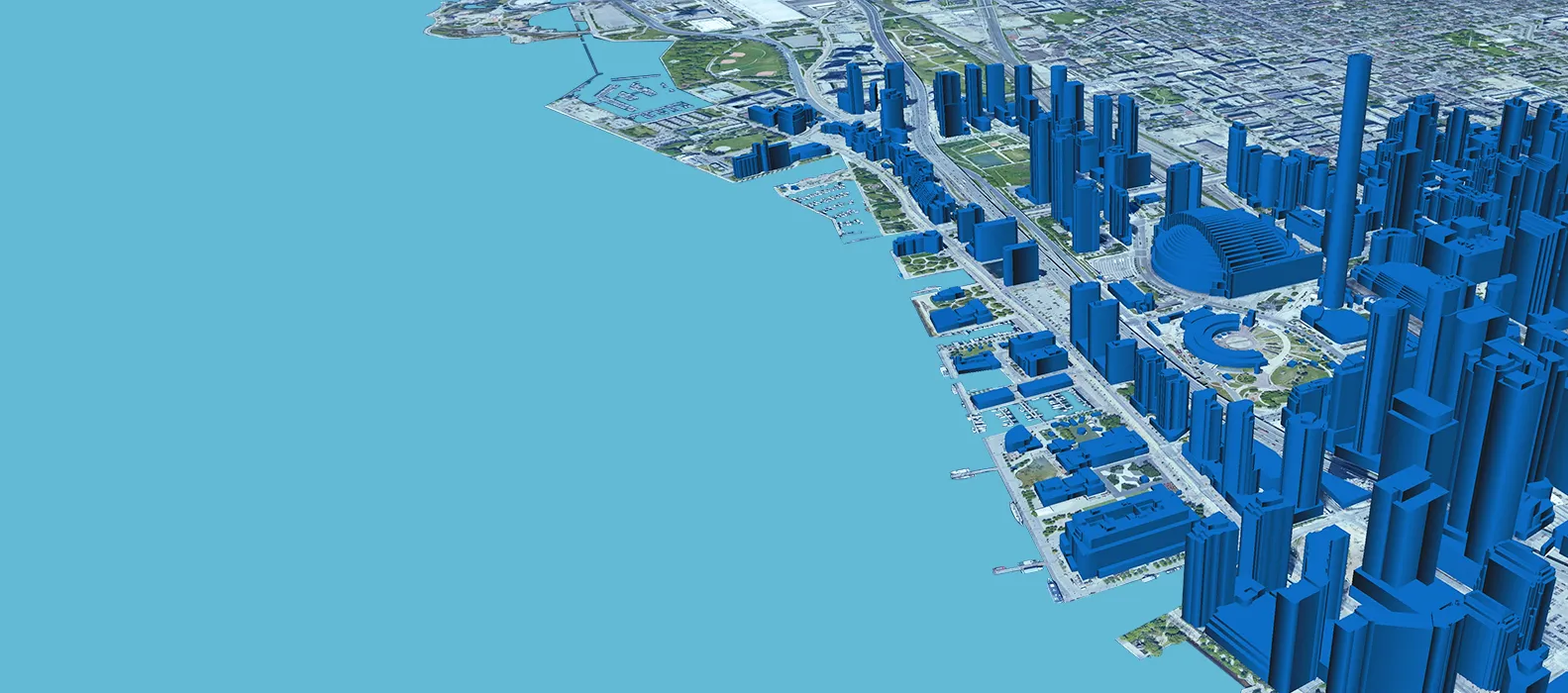 rfMAP 3D city model: extruded buildings over source satellite imagery along a waterfront