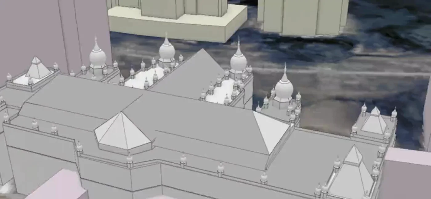 Close view of an rfMAP 3D model: a heritage building modelled per structure, with individual domes, parapets and pyramidal roofs, beside plain extruded neighbours