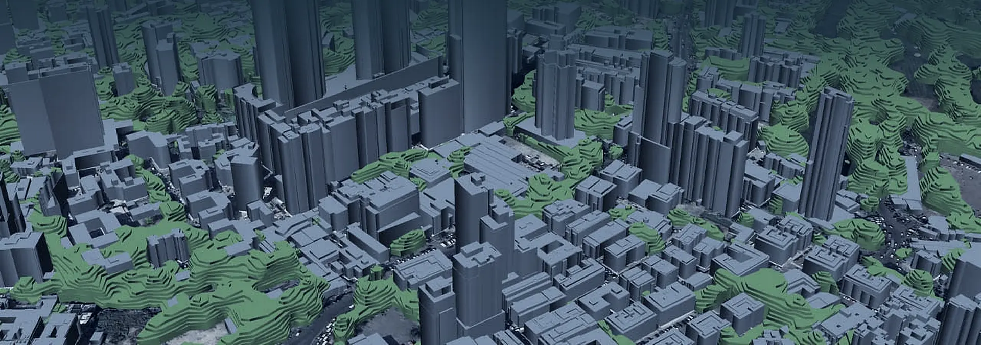 rfMAP 3D city model: extruded buildings and stepped vegetation over real aerial imagery