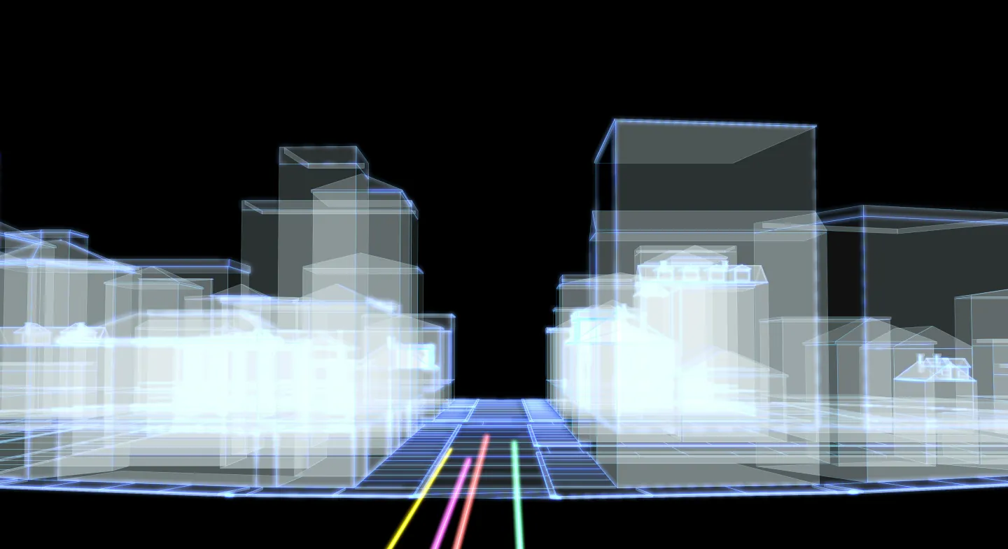 A street-level view of the Lepton 3D city model, building geometry drawn as wireframe volumes either side of a road with lane lines running down the centre
