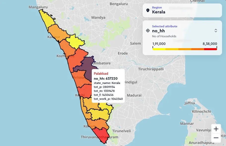 The SmartData household layer over the districts of Kerala, one district selected showing its household count and total, male, female and working population
