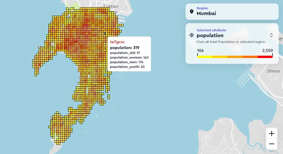 The SmartData population layer over Mumbai as a fine grid, one cell selected showing total population and its split by age and gender