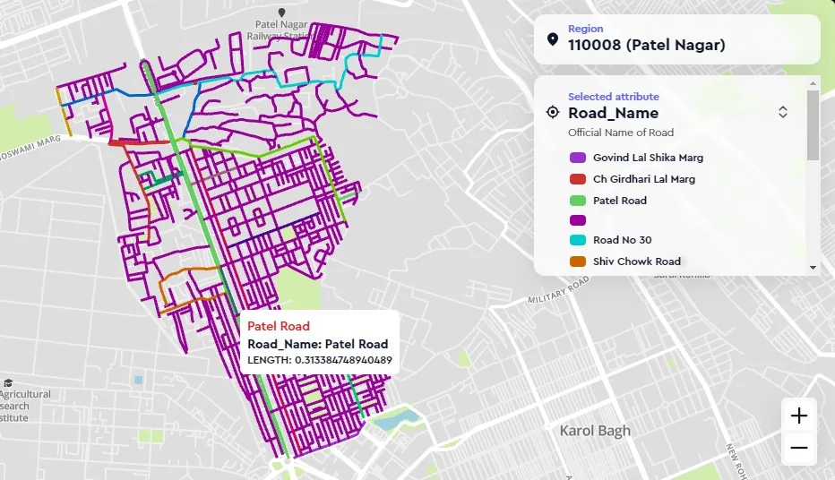The SmartData road-network layer rendered over pincode 110008, Patel Nagar in Delhi, coloured by road name with one segment selected and its name and length shown