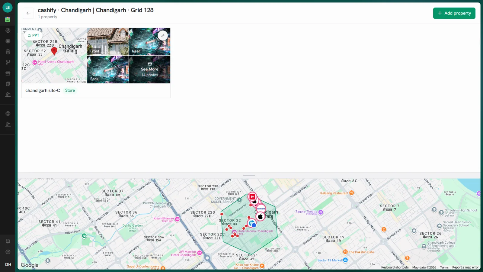 A shortlisted Chandigarh site with store photos and its surrounding area mapped as a hexagon of nearby places