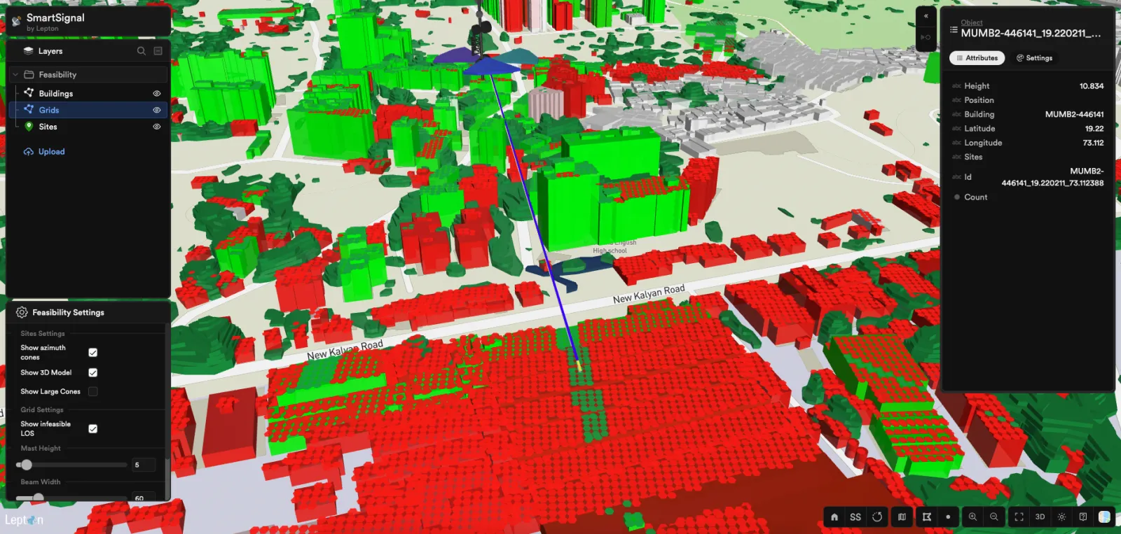 SmartSignal showing a 3D building model of a Mumbai suburb, with buildings shaded green where a site has line of sight and red where it does not, beside panels for feasibility settings and building attributes.