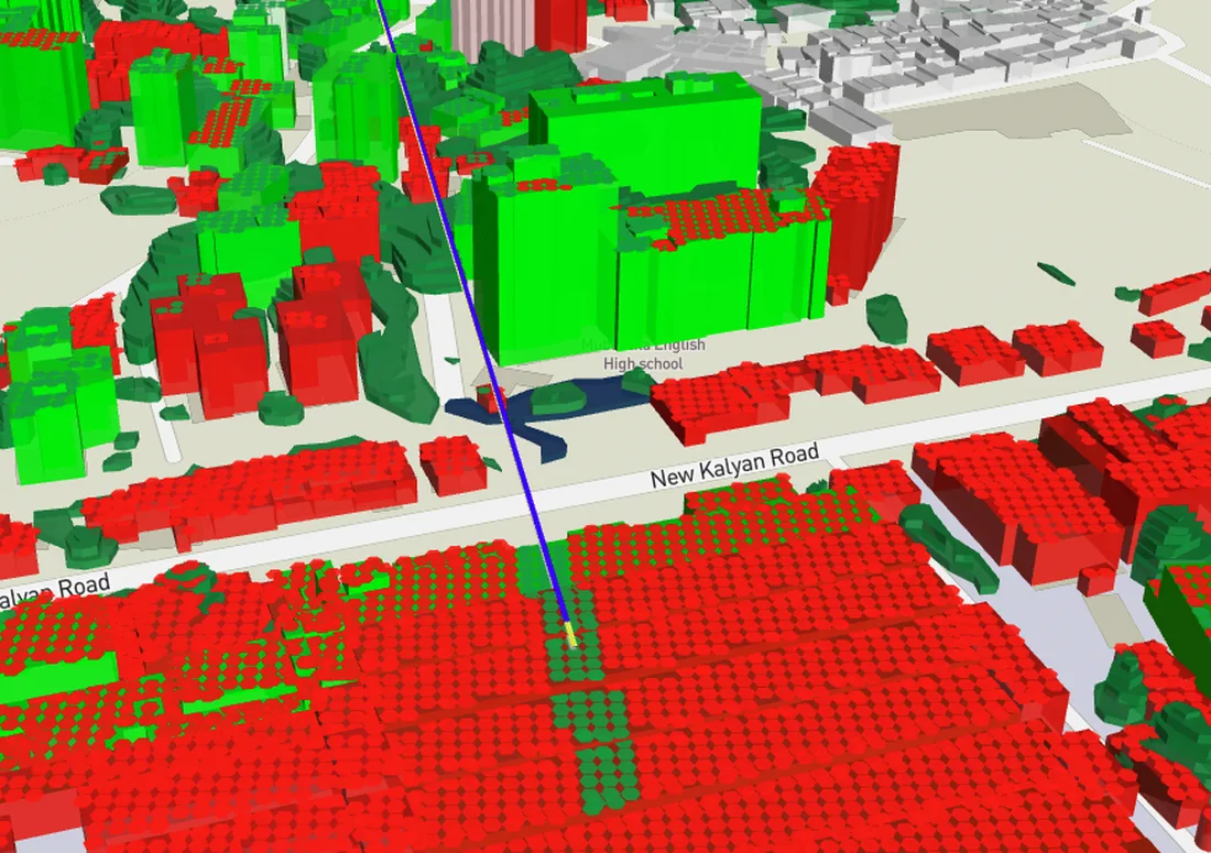 Close view of the SmartSignal result, where individual buildings along a street are shaded green for reachable and red for blocked, with the line of sight from the site drawn through them.